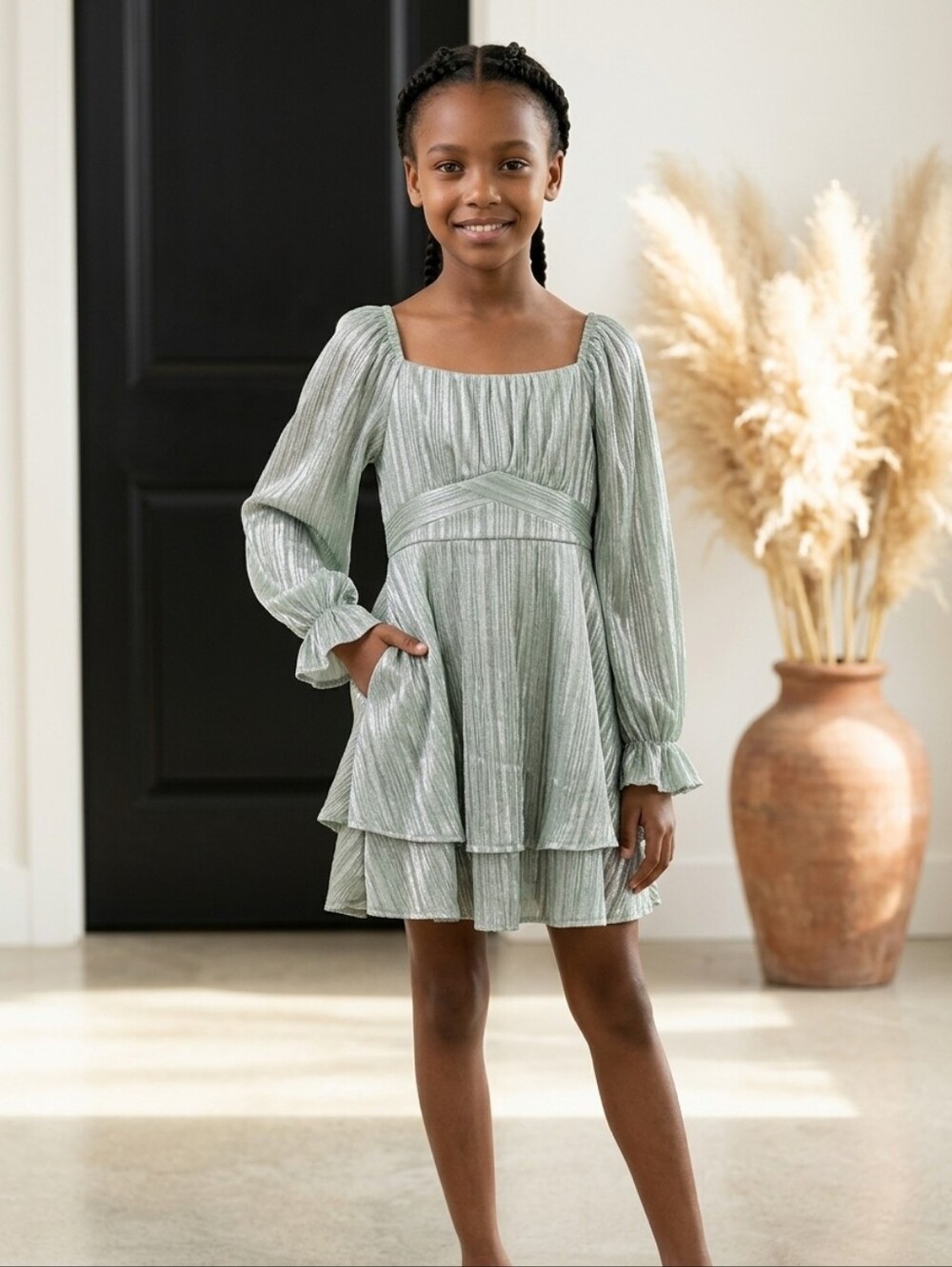 Allison & Kelly Two Tone Soft Green Mettalic Silver Girl's Dress Size 14 NWT